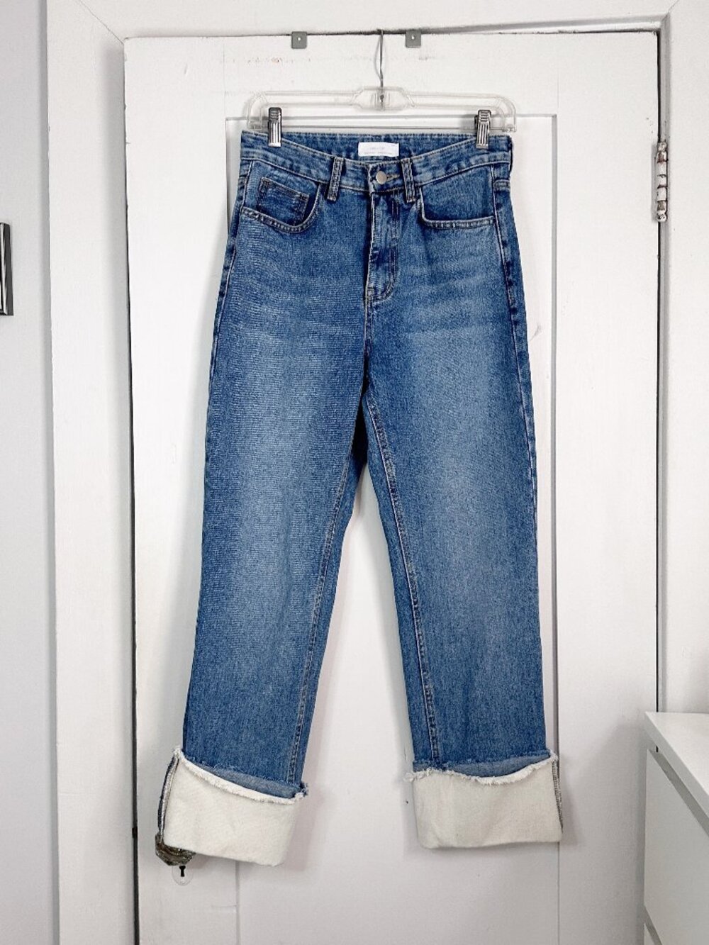 OAK + FORT High Rise Straight Leg Jeans XS Oversized Cuff Raw Hem